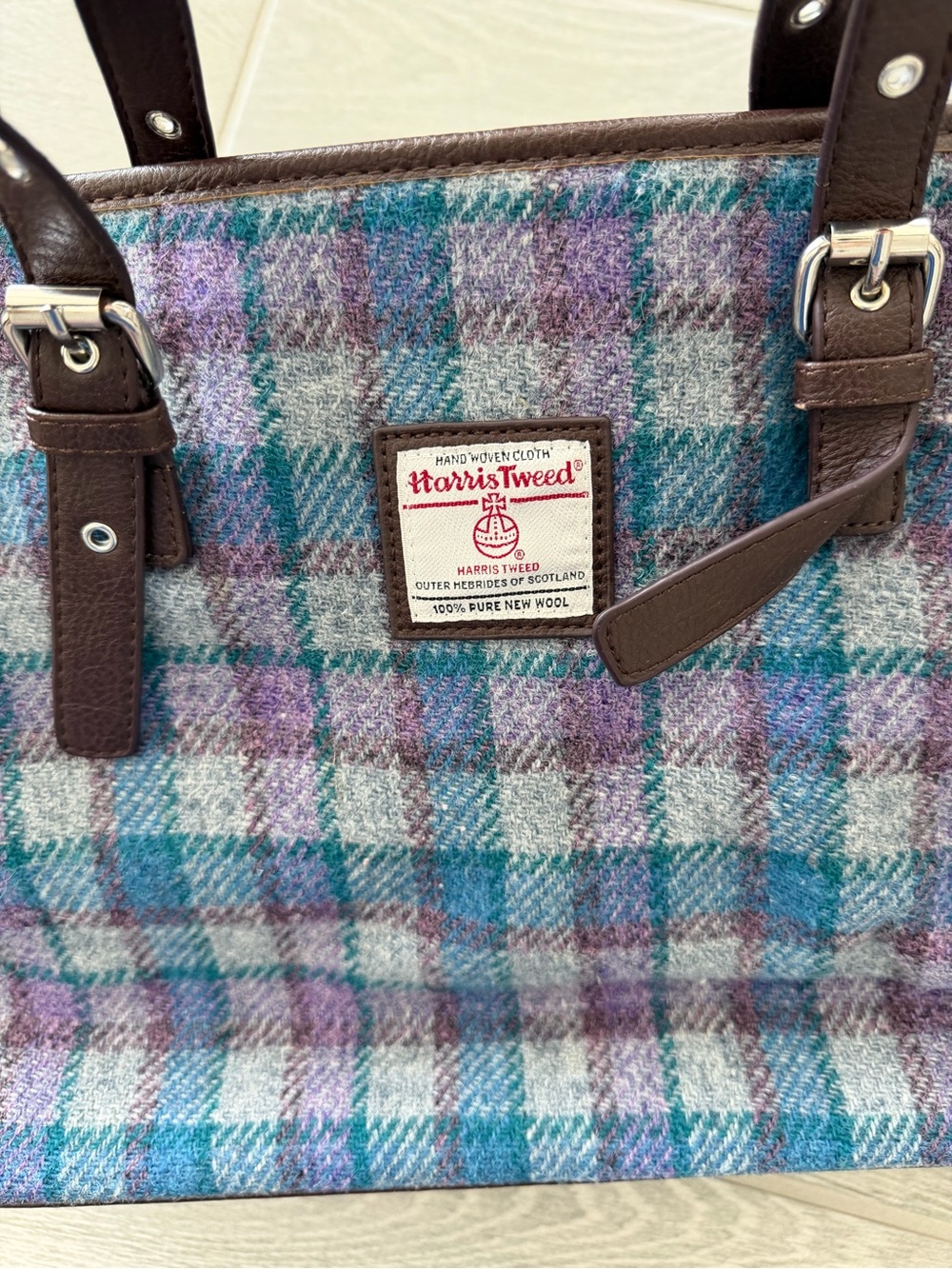 The Glen Appin Harris Tweed Classic Spey Tote Purple Teal Wool Bag GUC - Picture 13 of 14